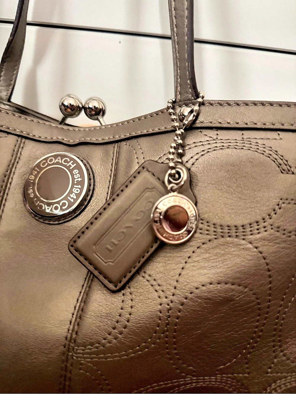 Coach Madison Sophia Kisslock Satchel F19413 Pewter Metallic Leather